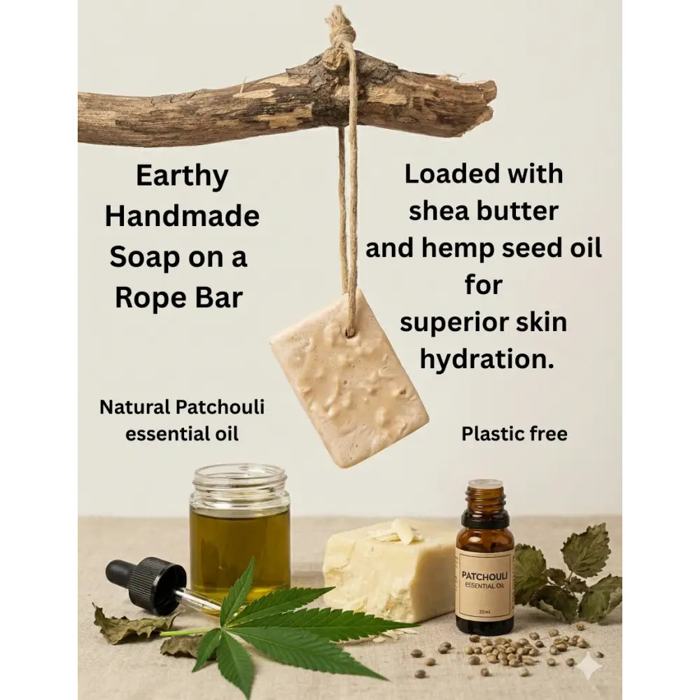 Rustic beige hemp and patchouli soap on a rope, textured handmade bar suspended from wooden branch