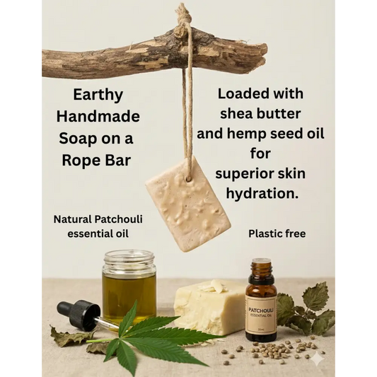 Rustic beige hemp and patchouli soap on a rope, textured handmade bar suspended from wooden branch