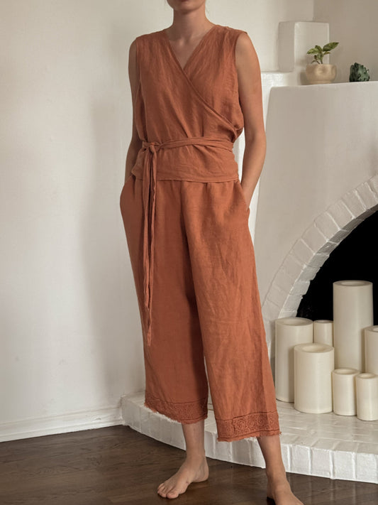 Hemp linen terracotta pants with block print on the hem - Hemp Horizon