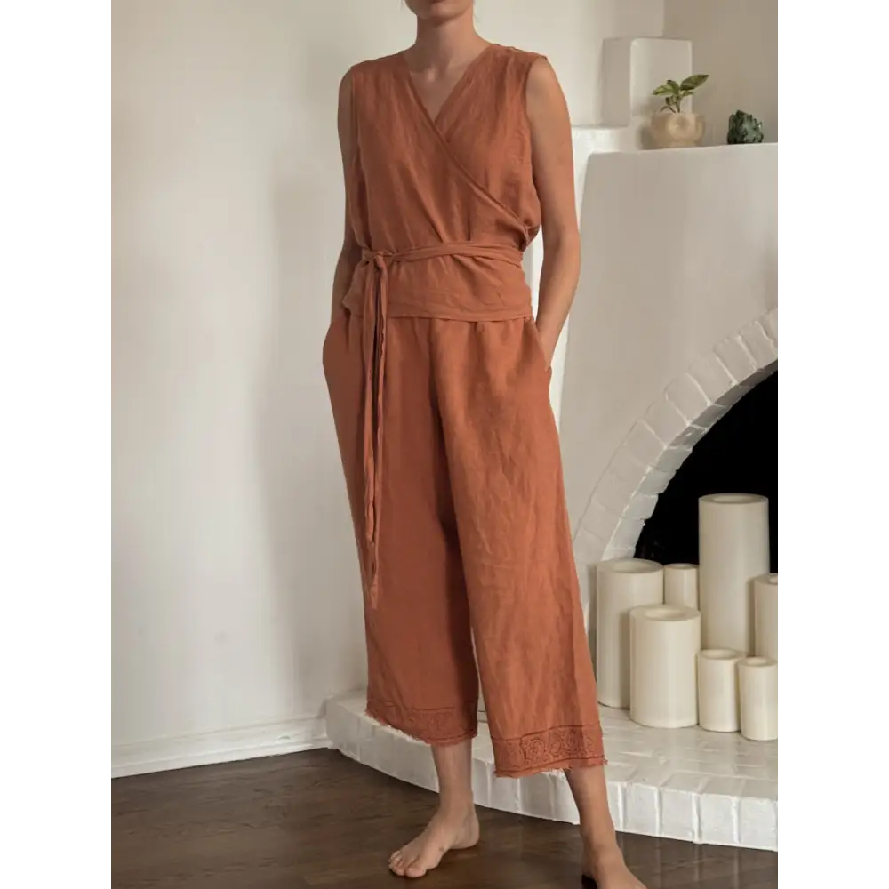 Hemp linen terracotta pants with block print on the hem - Hemp Horizon