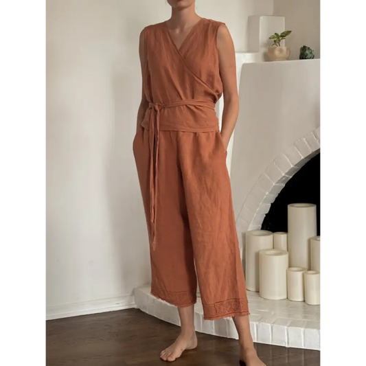 Hemp linen terracotta pants with block print on the hem - Hemp Horizon