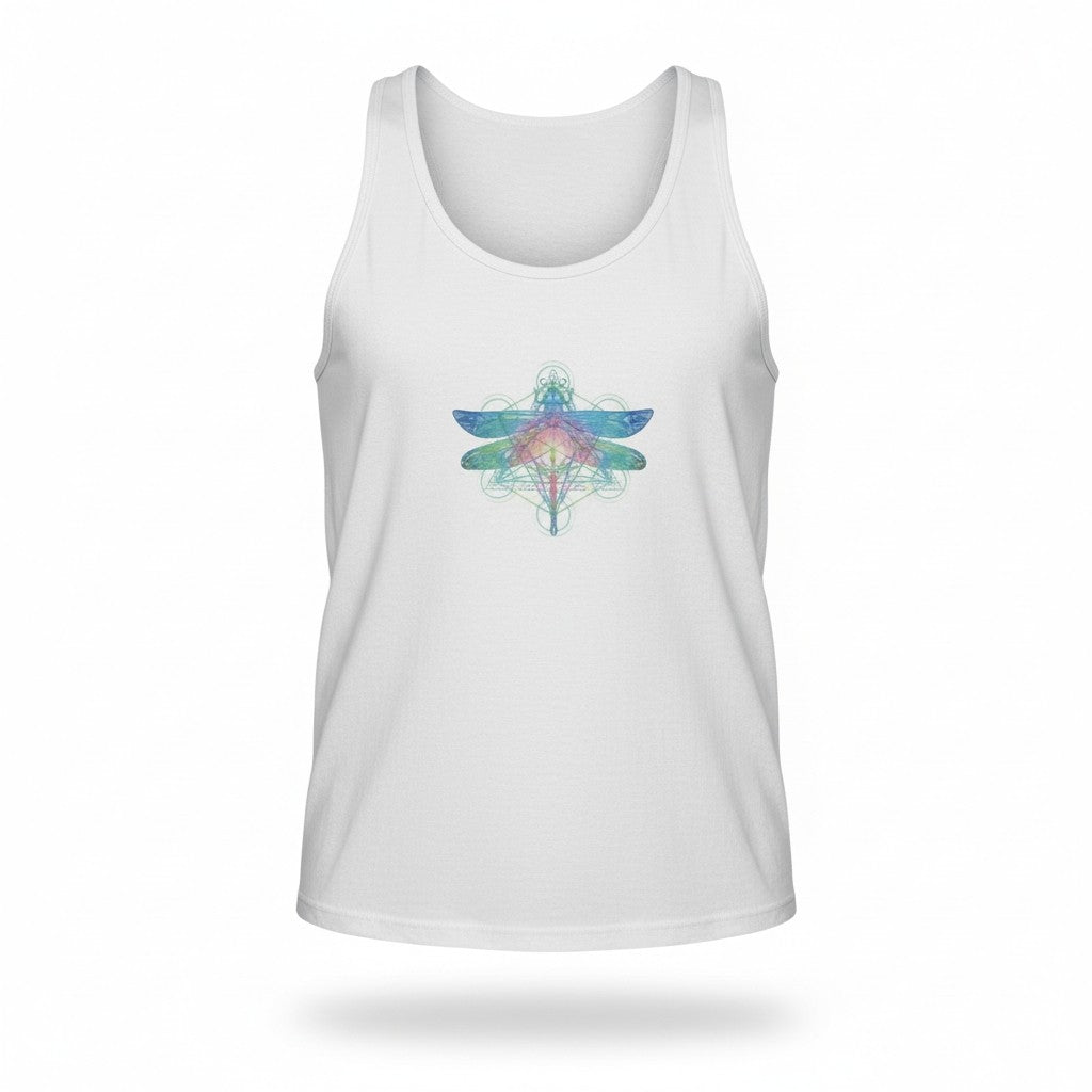 White tank top with a colorful dragonfly design on a white - background- Hemp Horizon